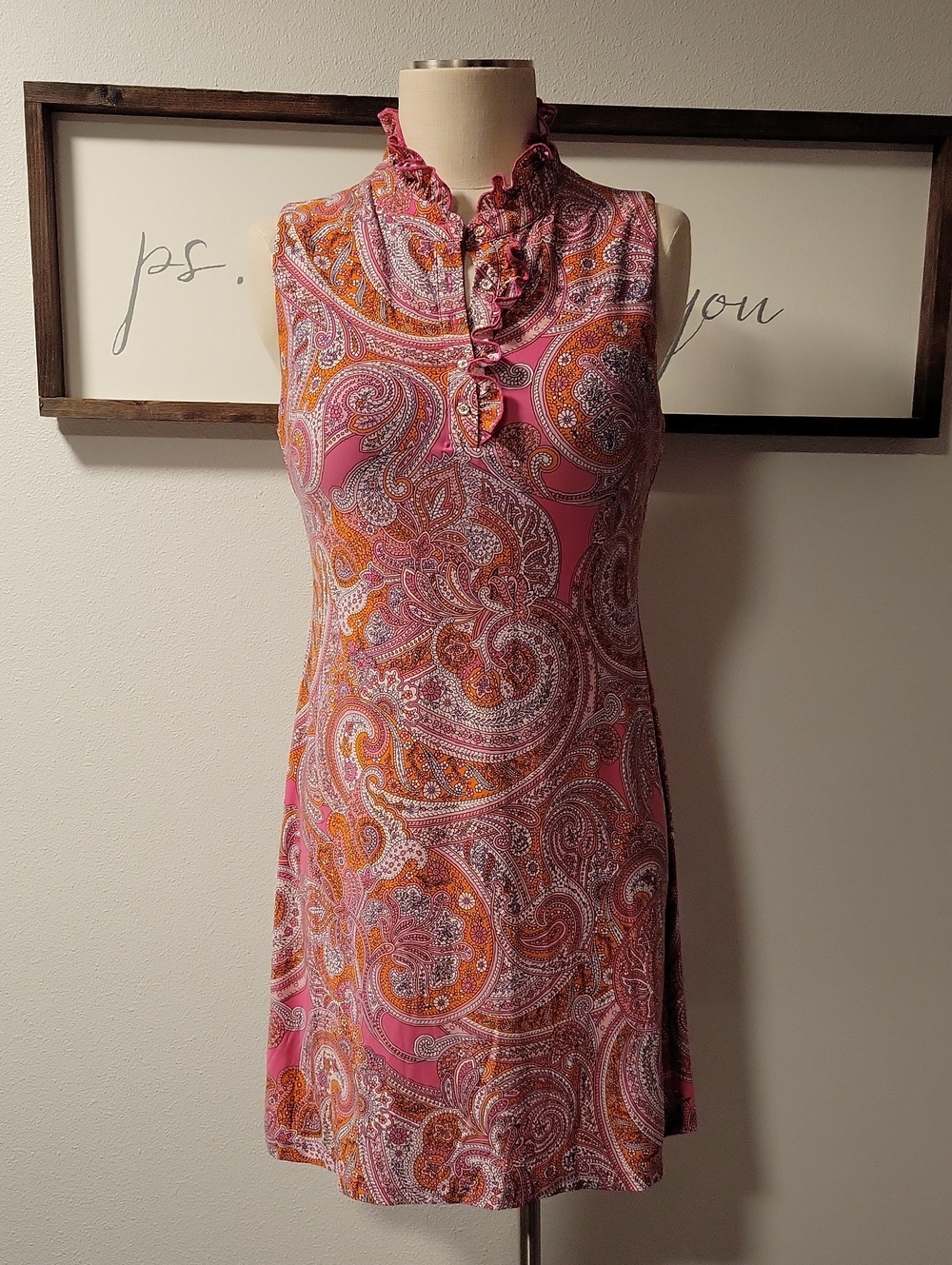 Tommy Hilfiger Pink & Orange Paisley Ruffle-Neck Mini Dress